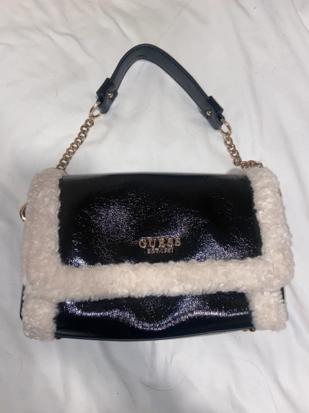 Guess Black Patent Faux Fur Shoulder Bag