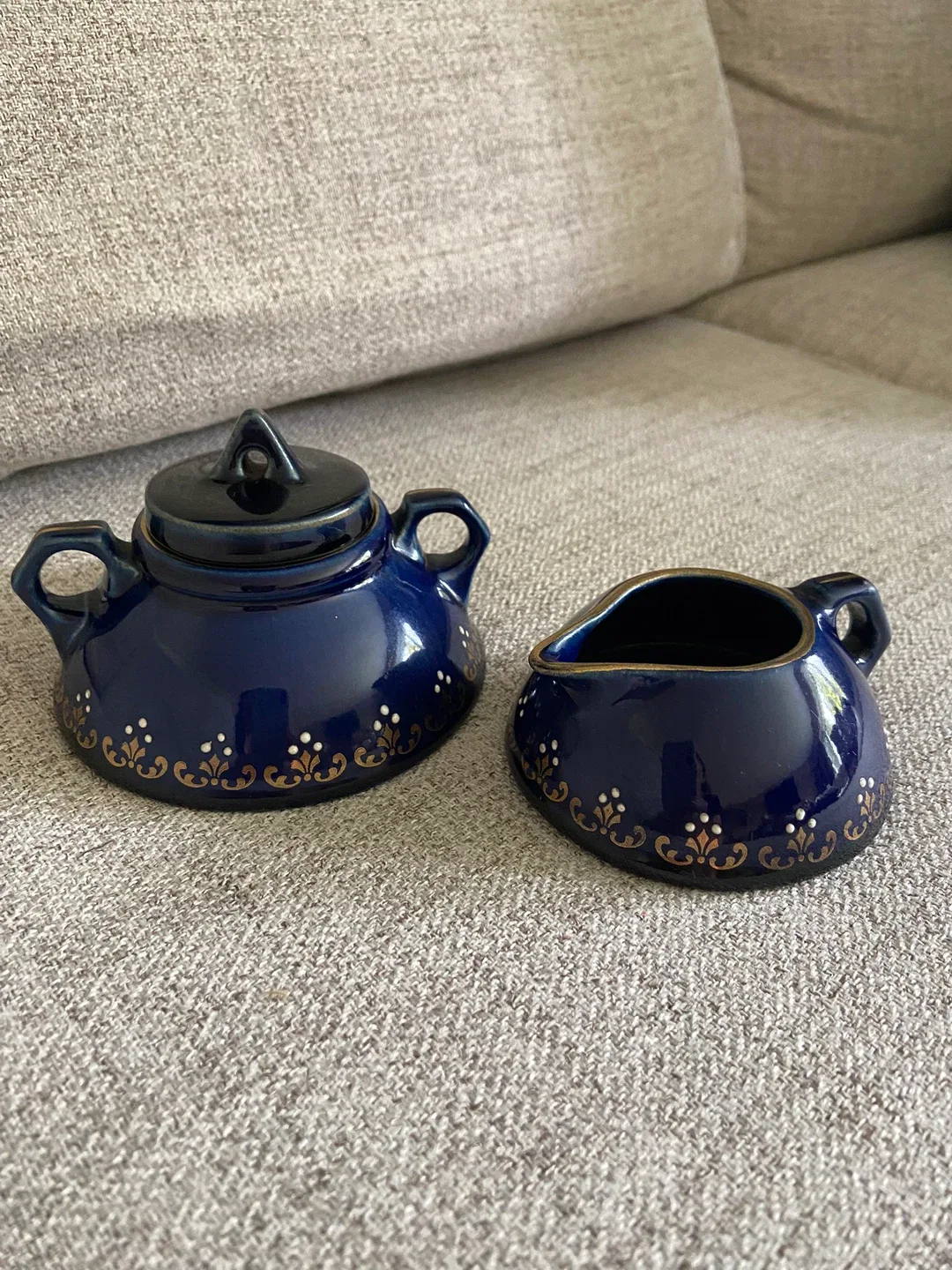 Blue Ceramic Sugar Bowl and Creamer Set thumbnail