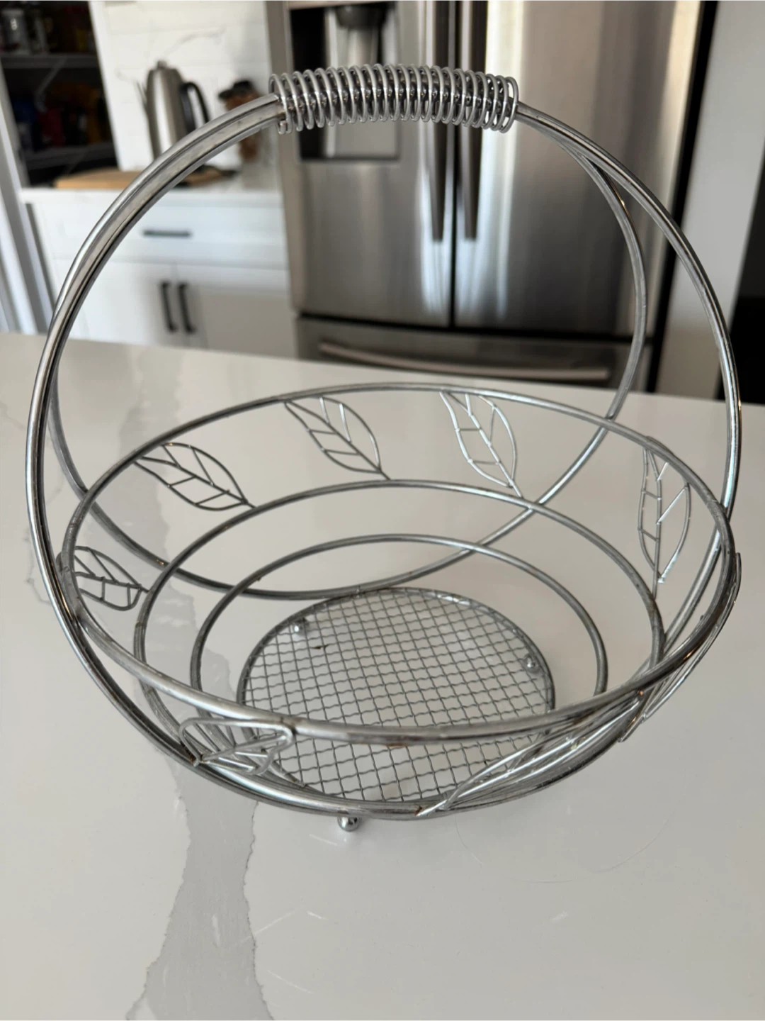 Silver Metal Fruit Basket with Leaf Design