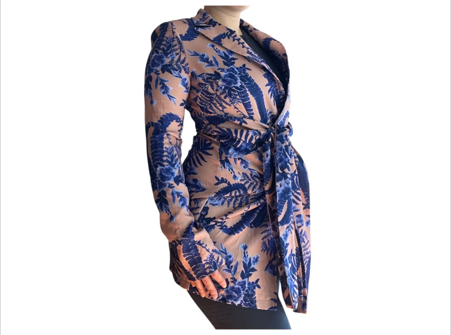 NWT PLT Nude Navy Floral Pattern WrapTie Waist Blazer Dress S/M image indicator(2)