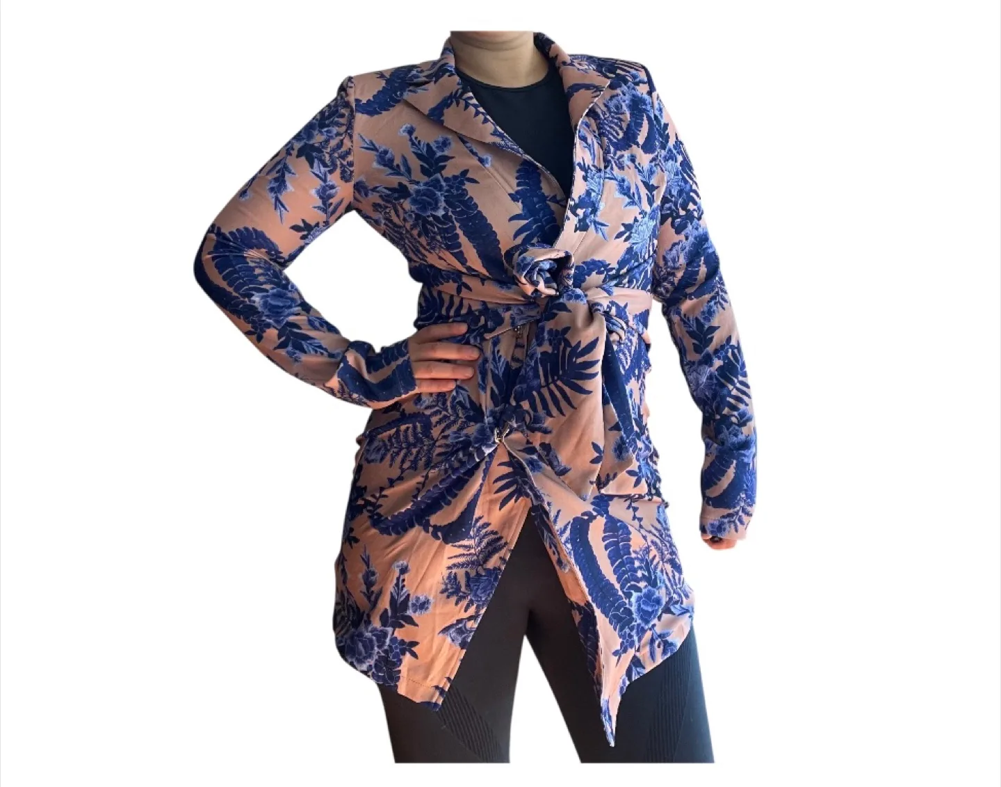 NWT PLT Nude Navy Floral Pattern WrapTie Waist Blazer Dress S/M image indicator(5)