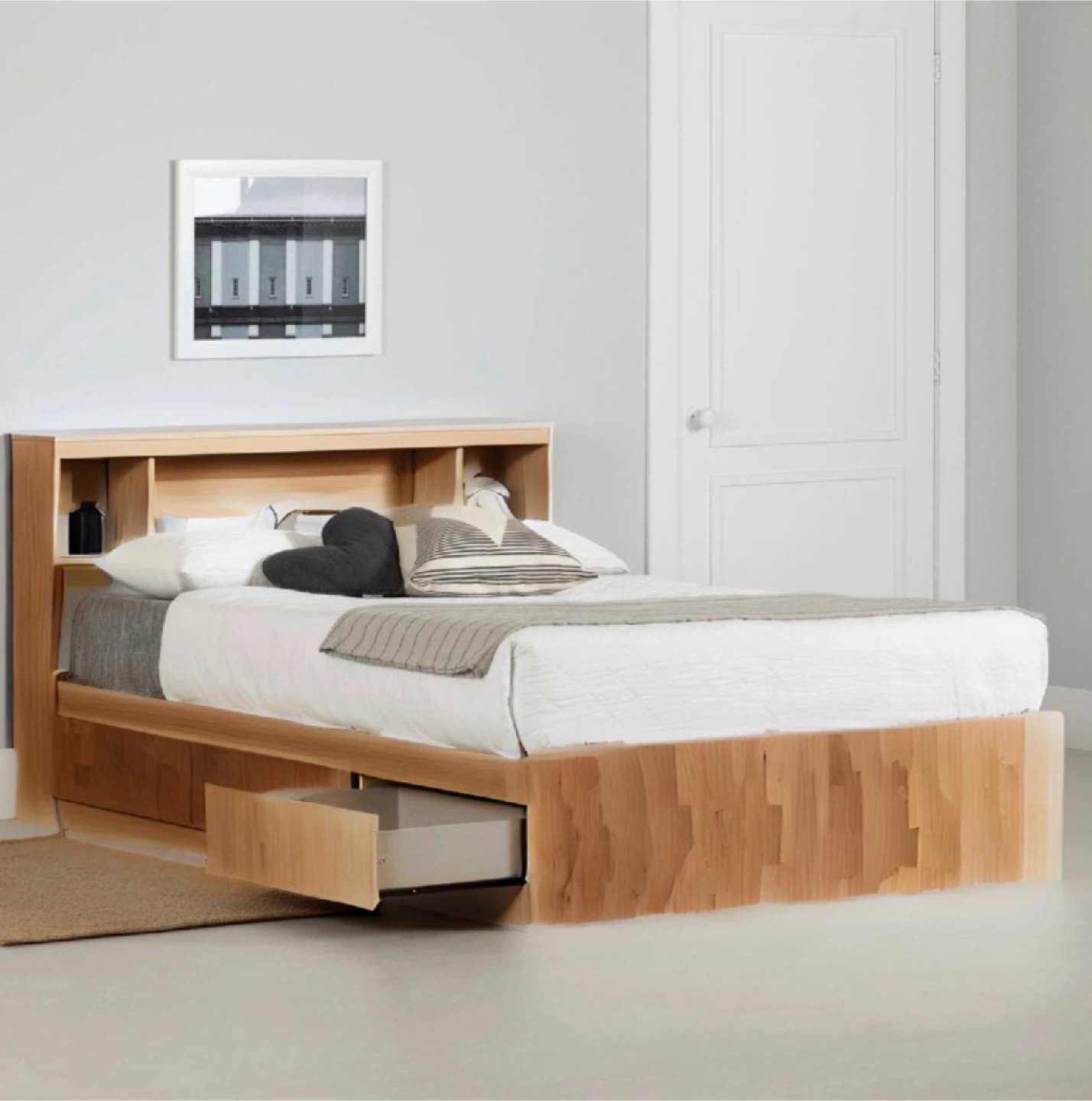 Wood Double Bed Frame with Bookshelf Headboard and 3 Drawers