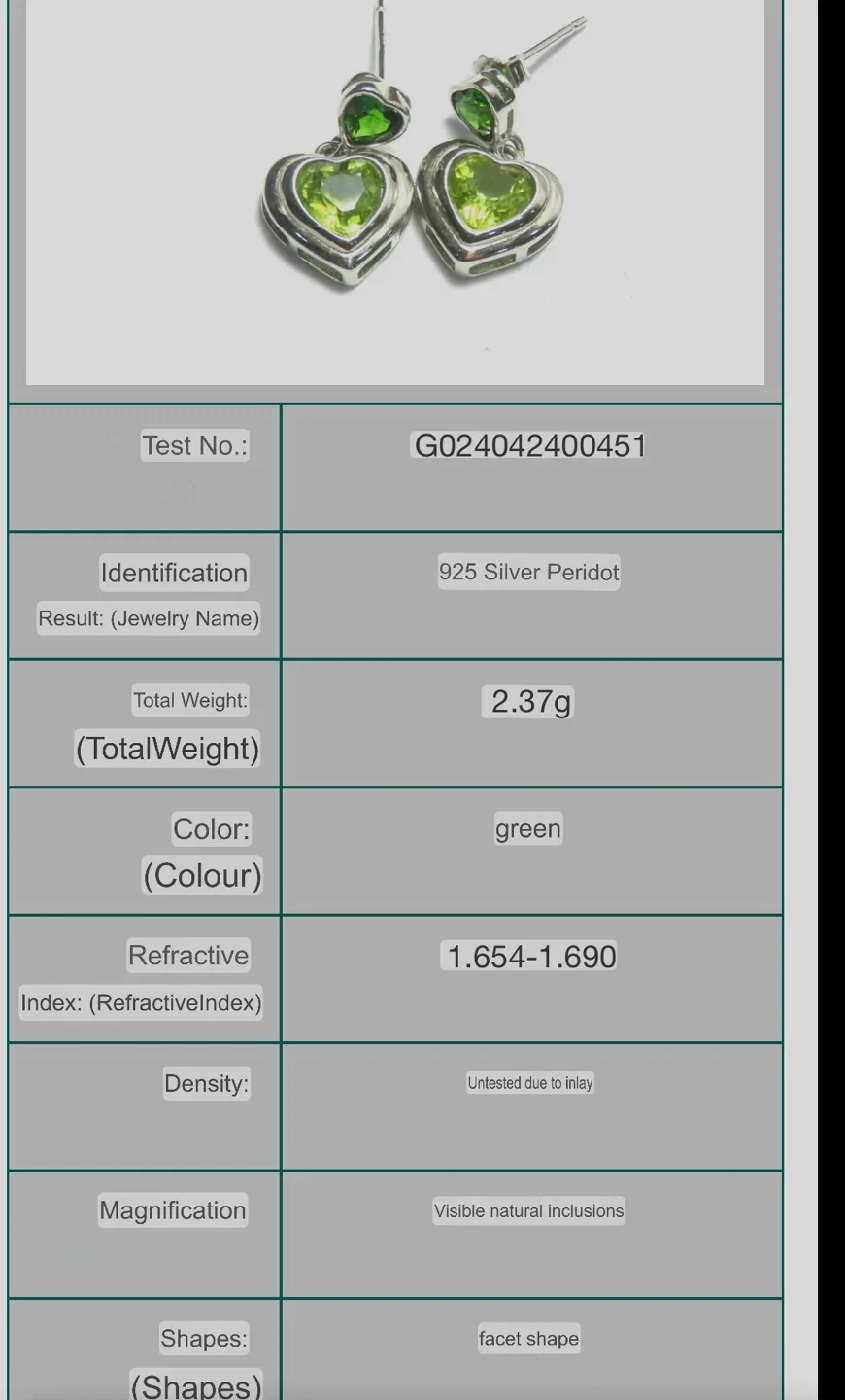 Green Peridot S925 Heart Shaped Silver Earrings image indicator(3)