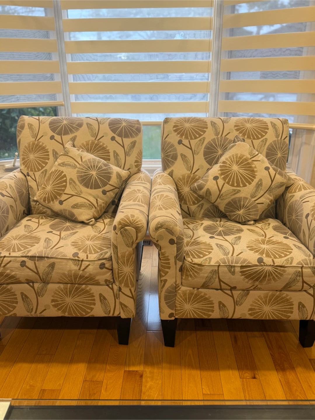 Pair of Floral Patterned Armchairs with Pillows