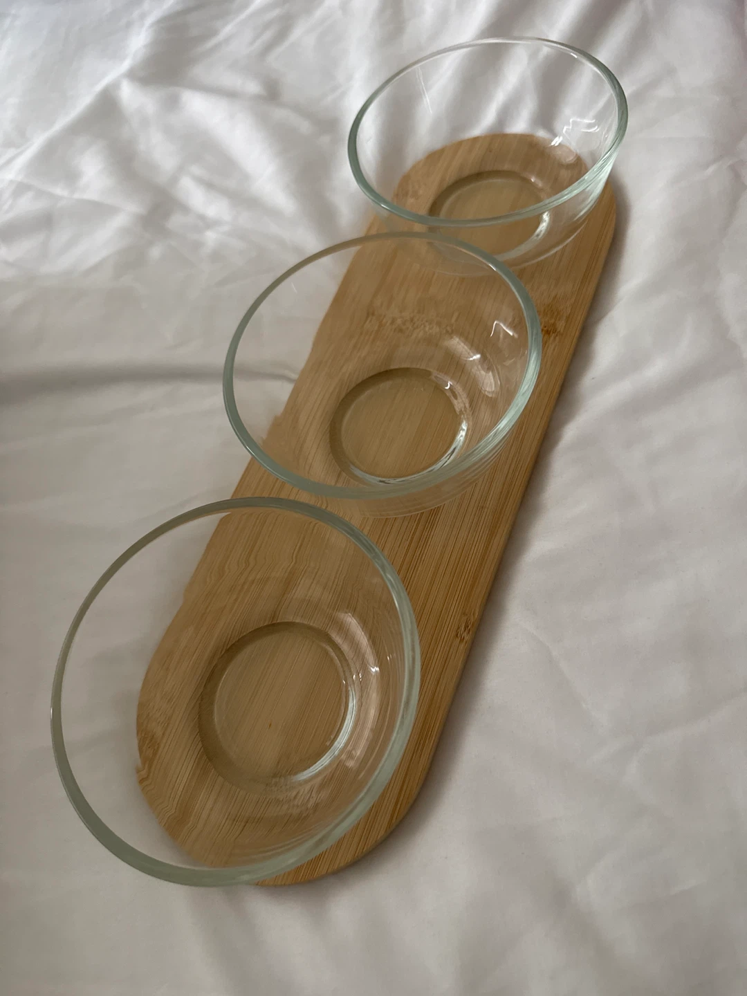 Moving out sale: Bamboo Tray with Glass Bowls