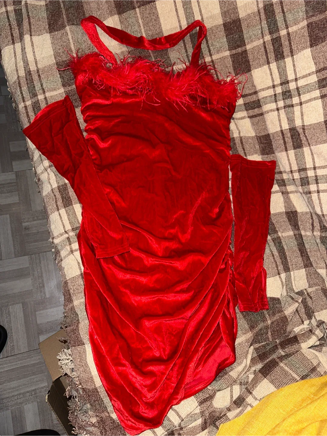 Red Velvet Dress with Feather Trim image indicator(5)