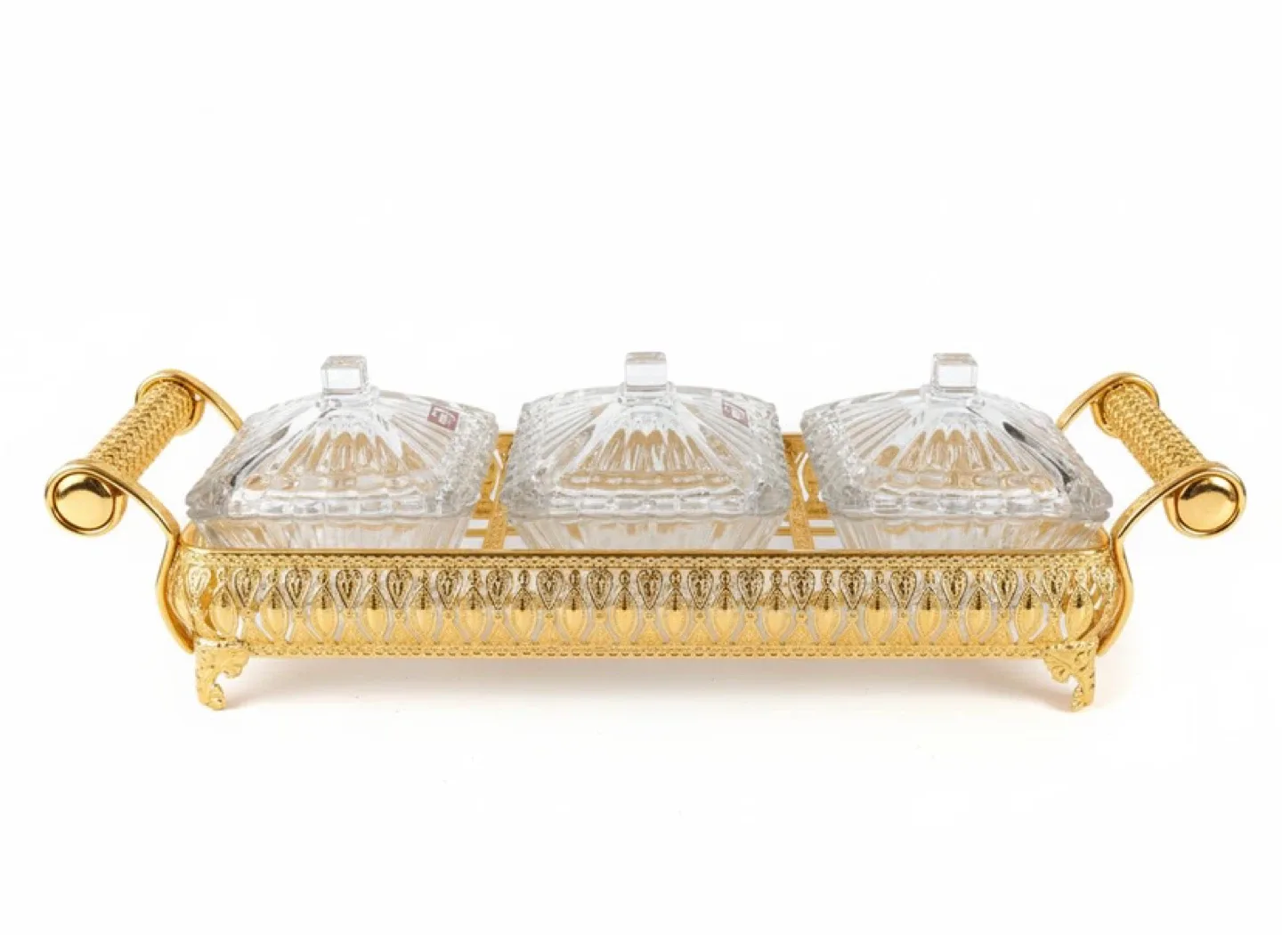 Gold Trimmed Glass Condiment Server with Tray & Lids image indicator(2)