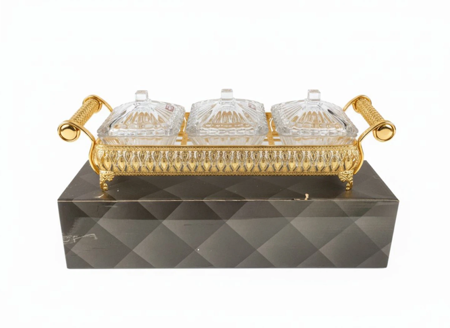 Gold Trimmed Glass Condiment Server with Tray & Lids