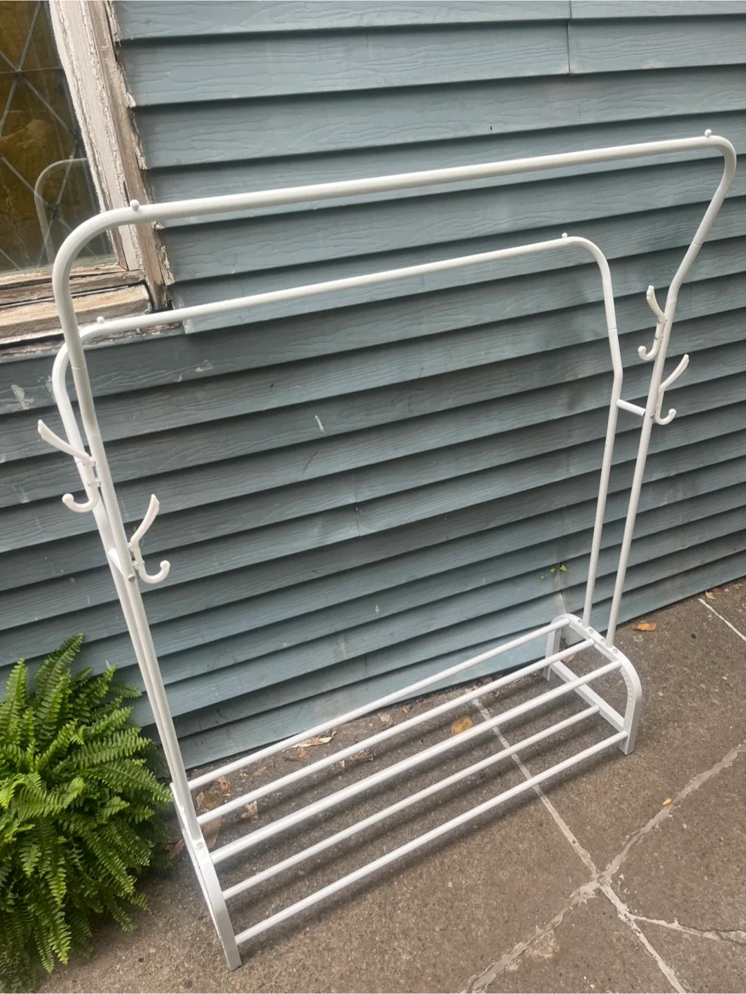 White Metal Coat Rack with Shoe Storage