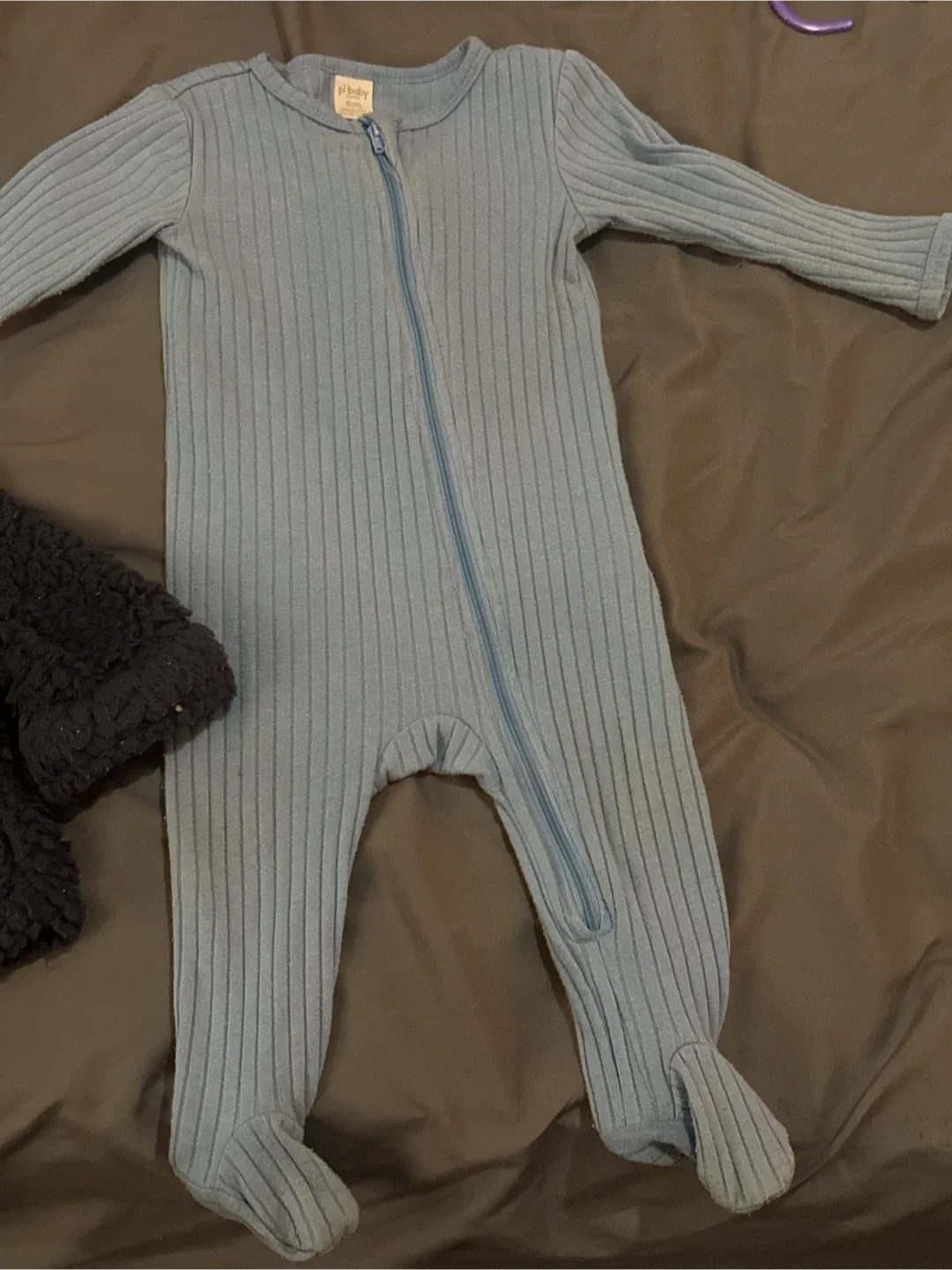 Baby Blue Ribbed Footed Pajamas & Black Fleece Jacket image indicator(3)