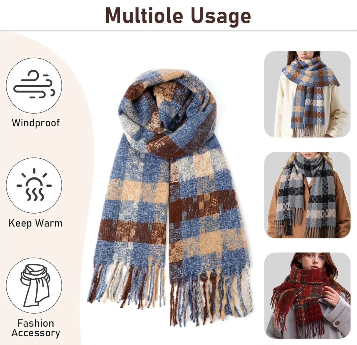 Plaid Scarf - Blue, Brown, Beige - 24.8"x78.7" - photo 5