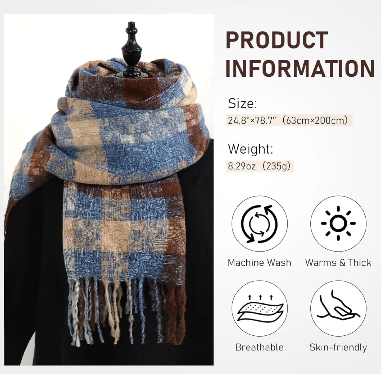 Plaid Scarf - Blue, Brown, Beige - 24.8"x78.7" - photo 4
