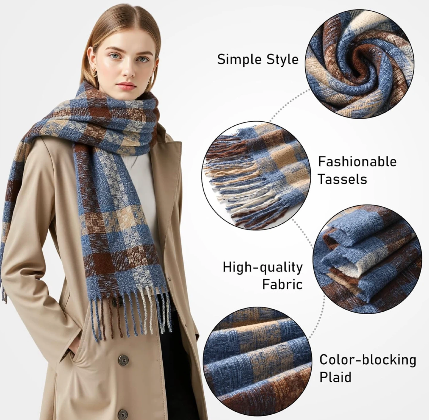 Plaid Scarf - Blue, Brown, Beige - 24.8"x78.7" - photo 3