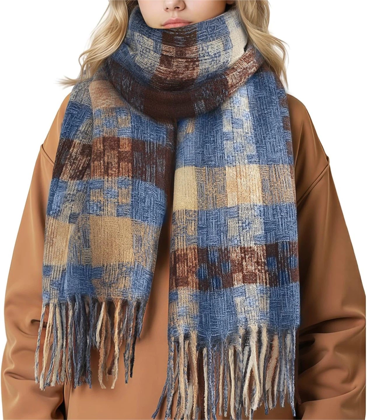 Plaid Scarf - Blue, Brown, Beige - 24.8"x78.7"