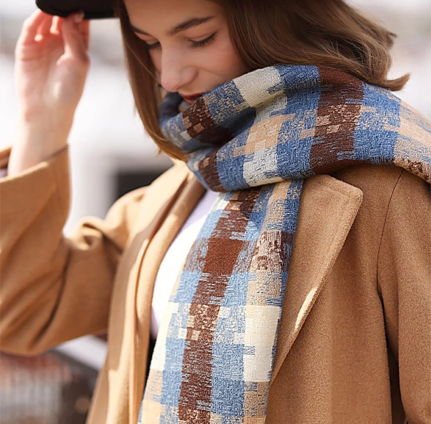 Plaid Scarf - Blue, Brown, Beige - 24.8"x78.7" - photo 2