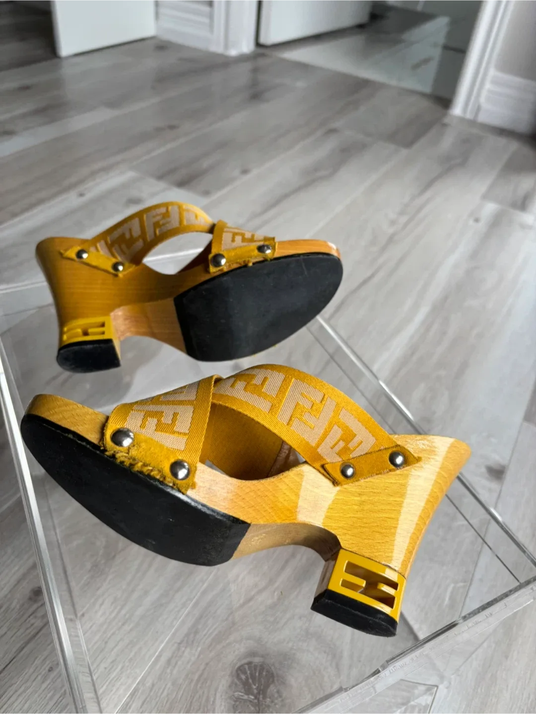 Fendi FF Logo Wooden Platform Clogs Size 7 Yellow image indicator(2)