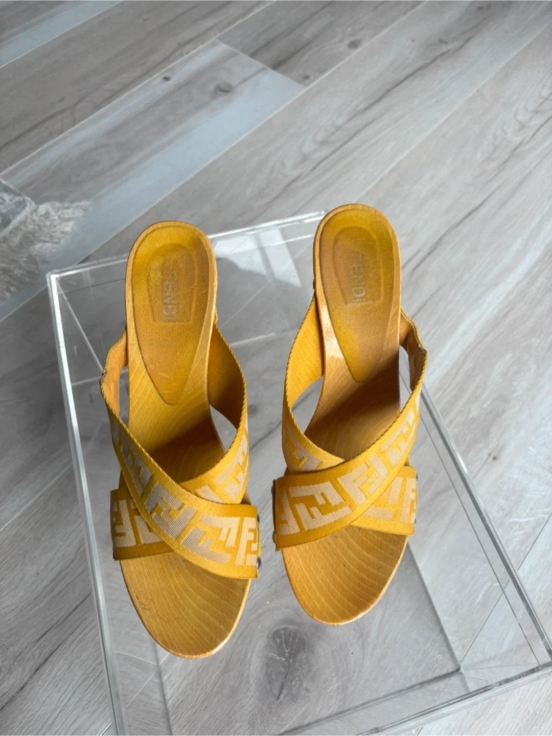 Fendi FF Logo Wooden Platform Clogs Size 7 Yellow image indicator(3)
