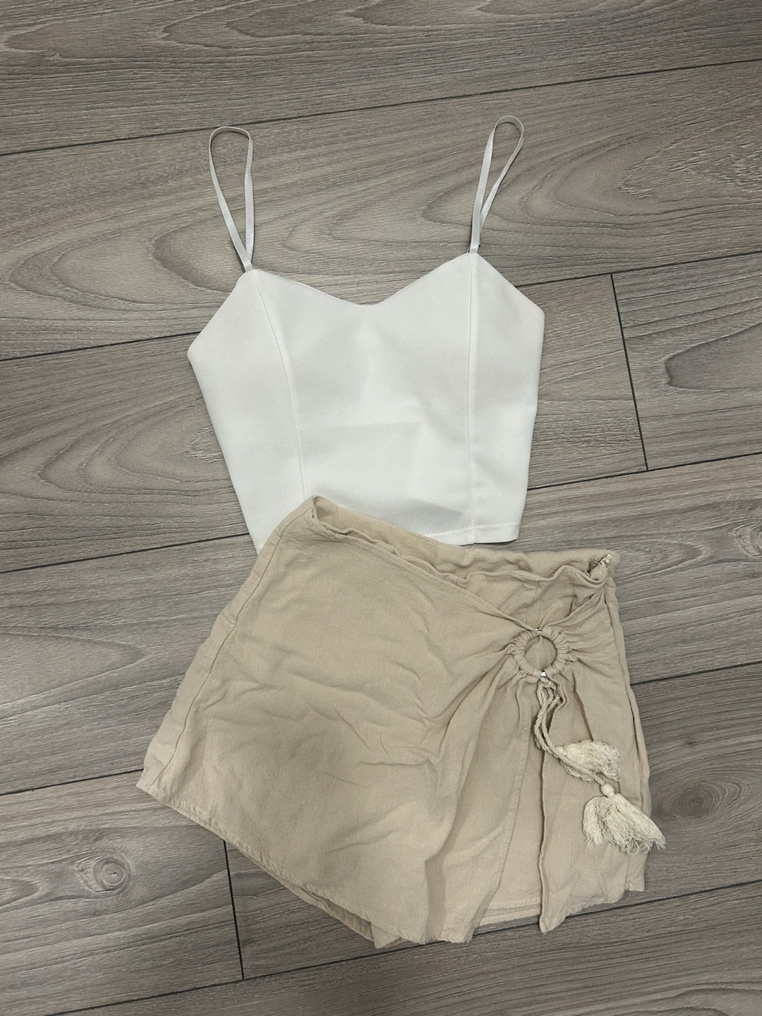 White Cami Top & Beige Wrap Skirt Set
