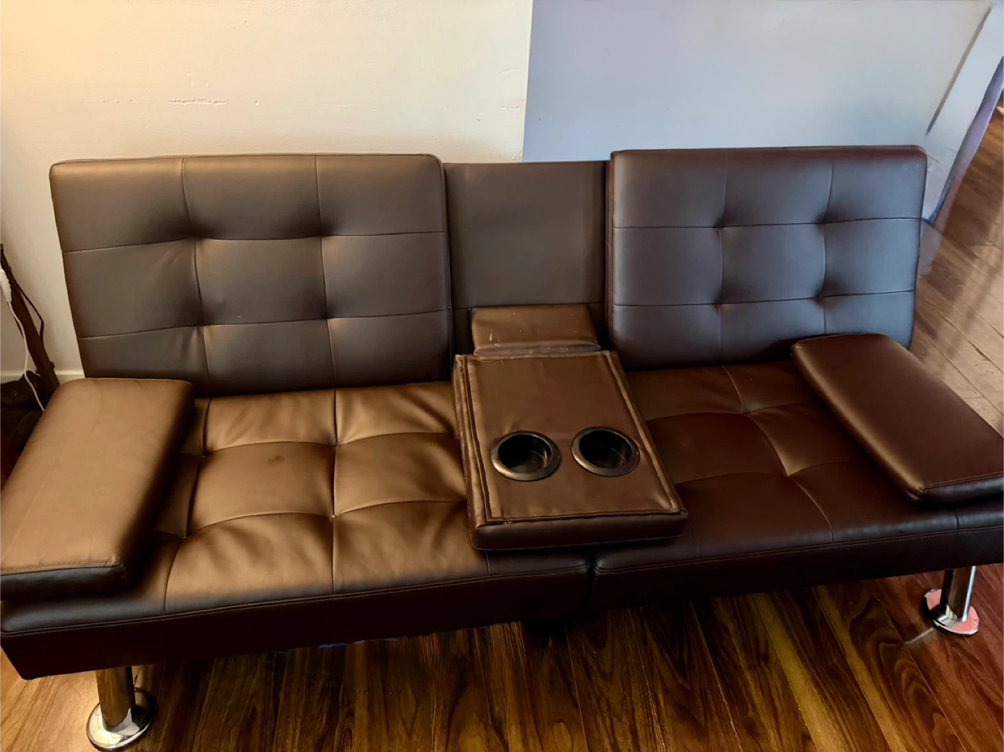 Brown Futon Sofa Bed with Cupholders
