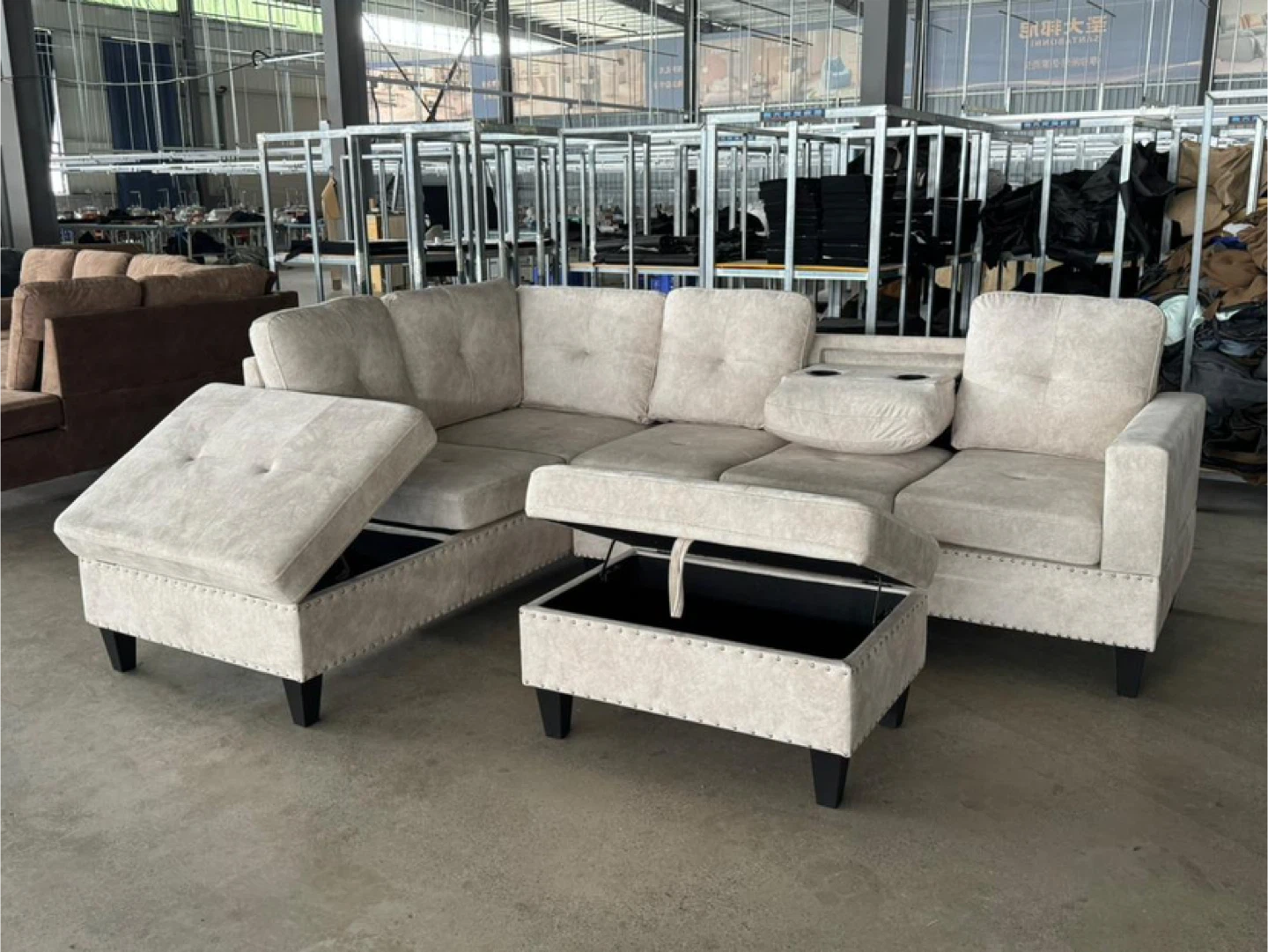 Beige Sectional Sofa with Ottoman