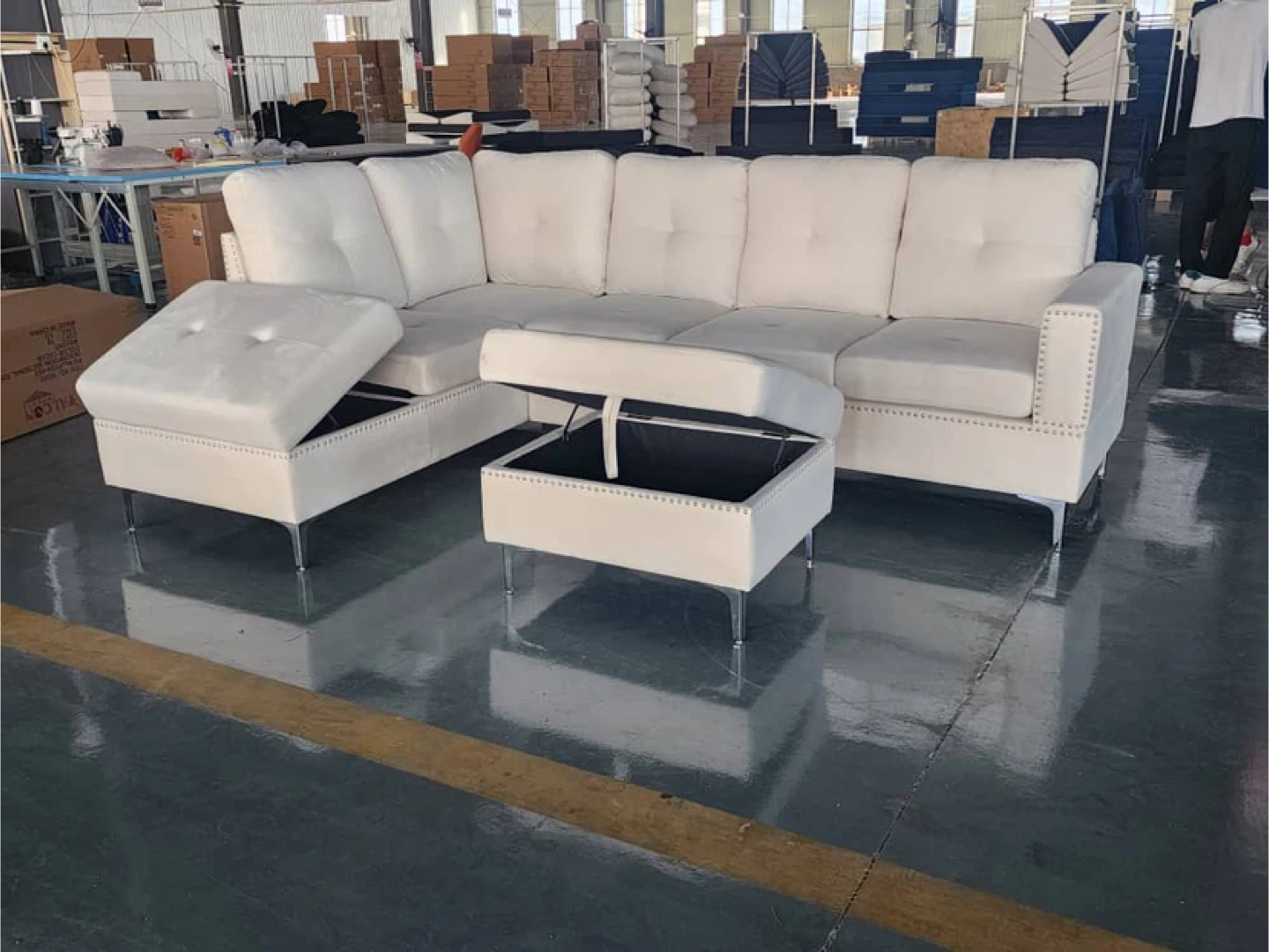 Off white Sectional Sofa with Storage Ottomans