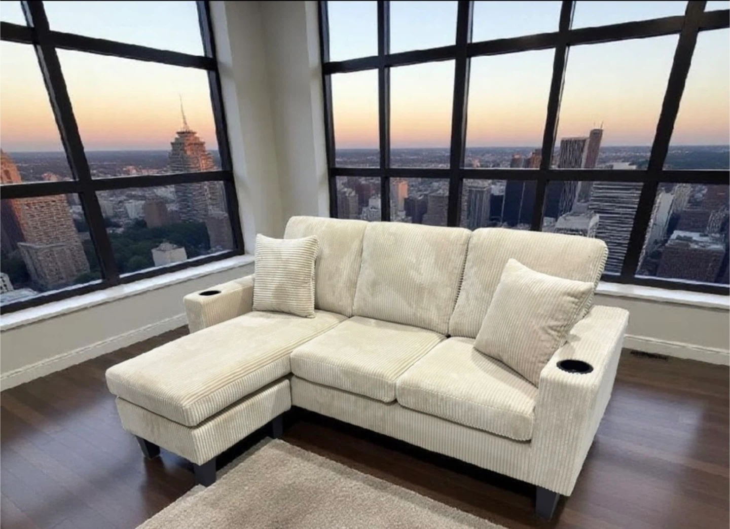 Beige Corduroy Sectional Sofa with Chaise