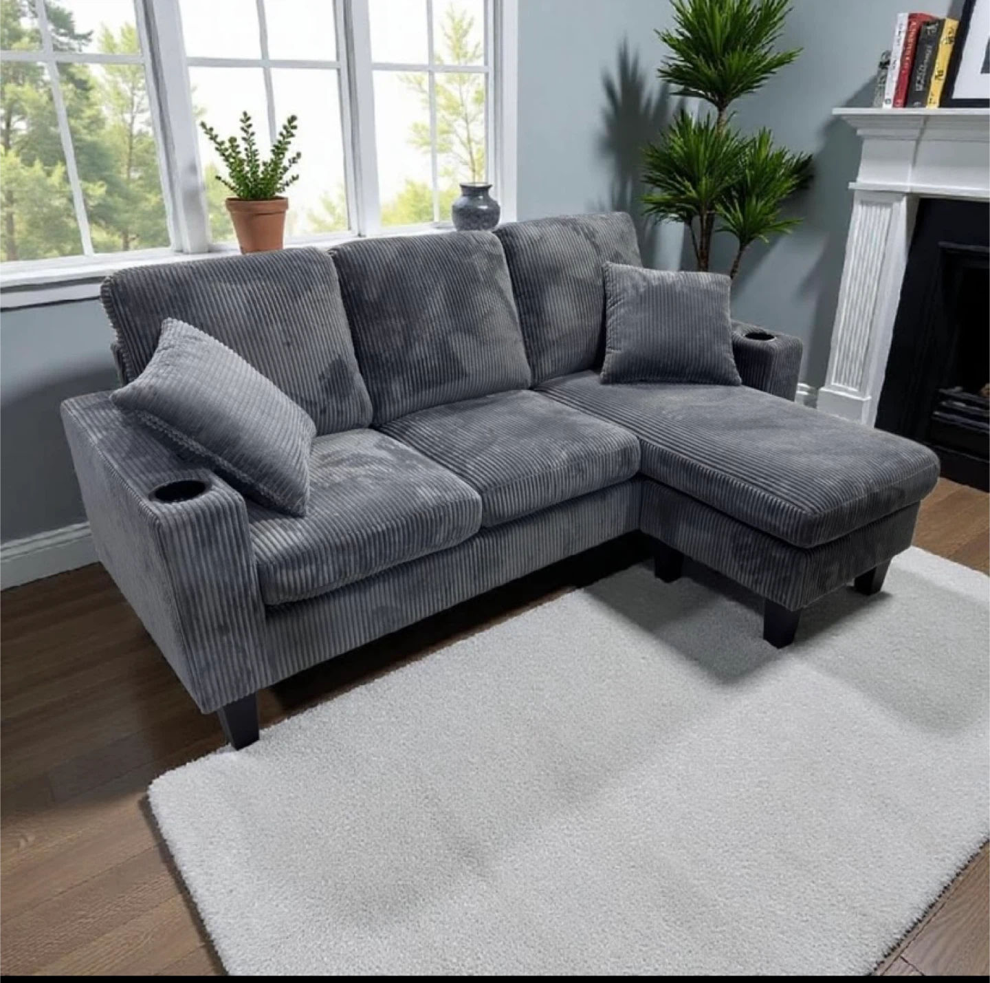 Grey Corduroy Sectional Sofa with Chaise Lounge