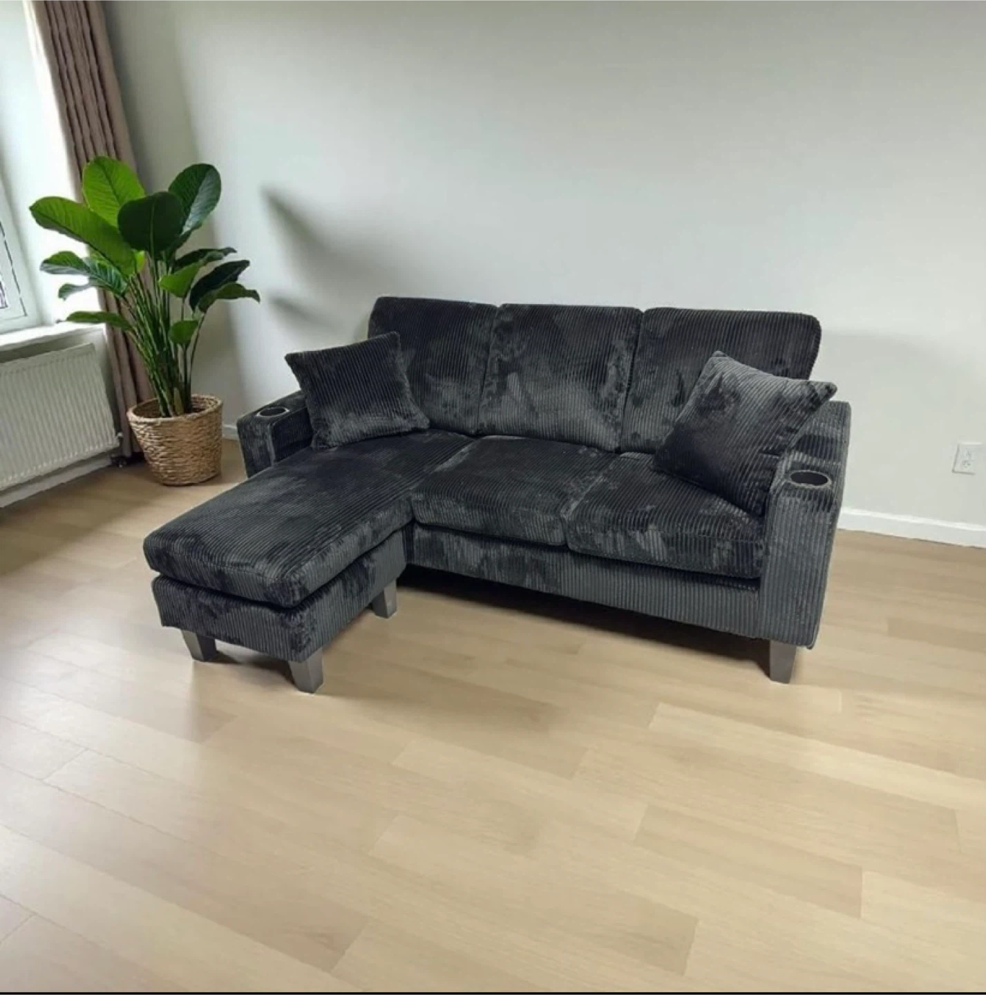 Black Corduroy Sectional Sofa with Ottoman