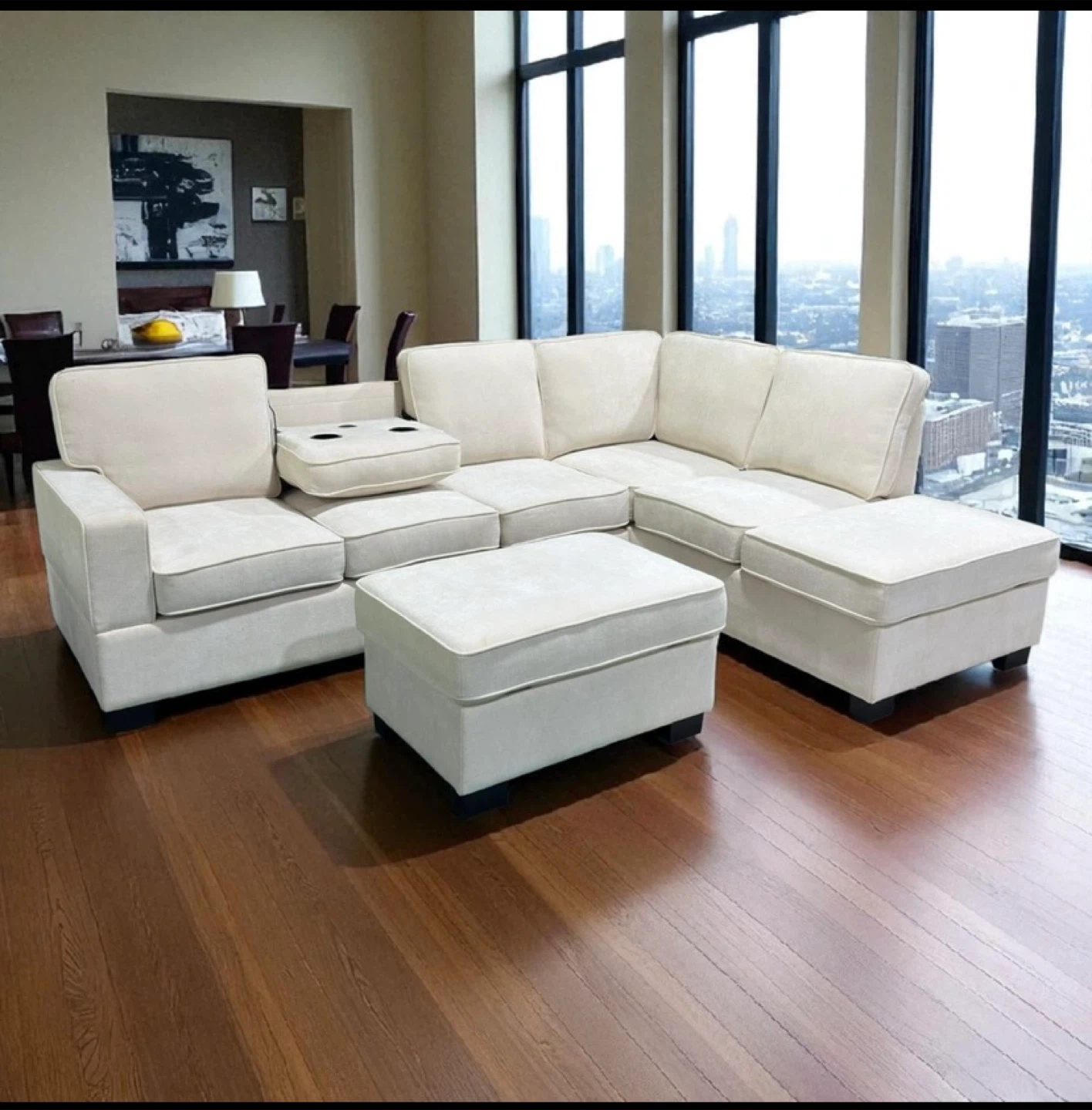 Cream Sectional Sofa with Ottoman