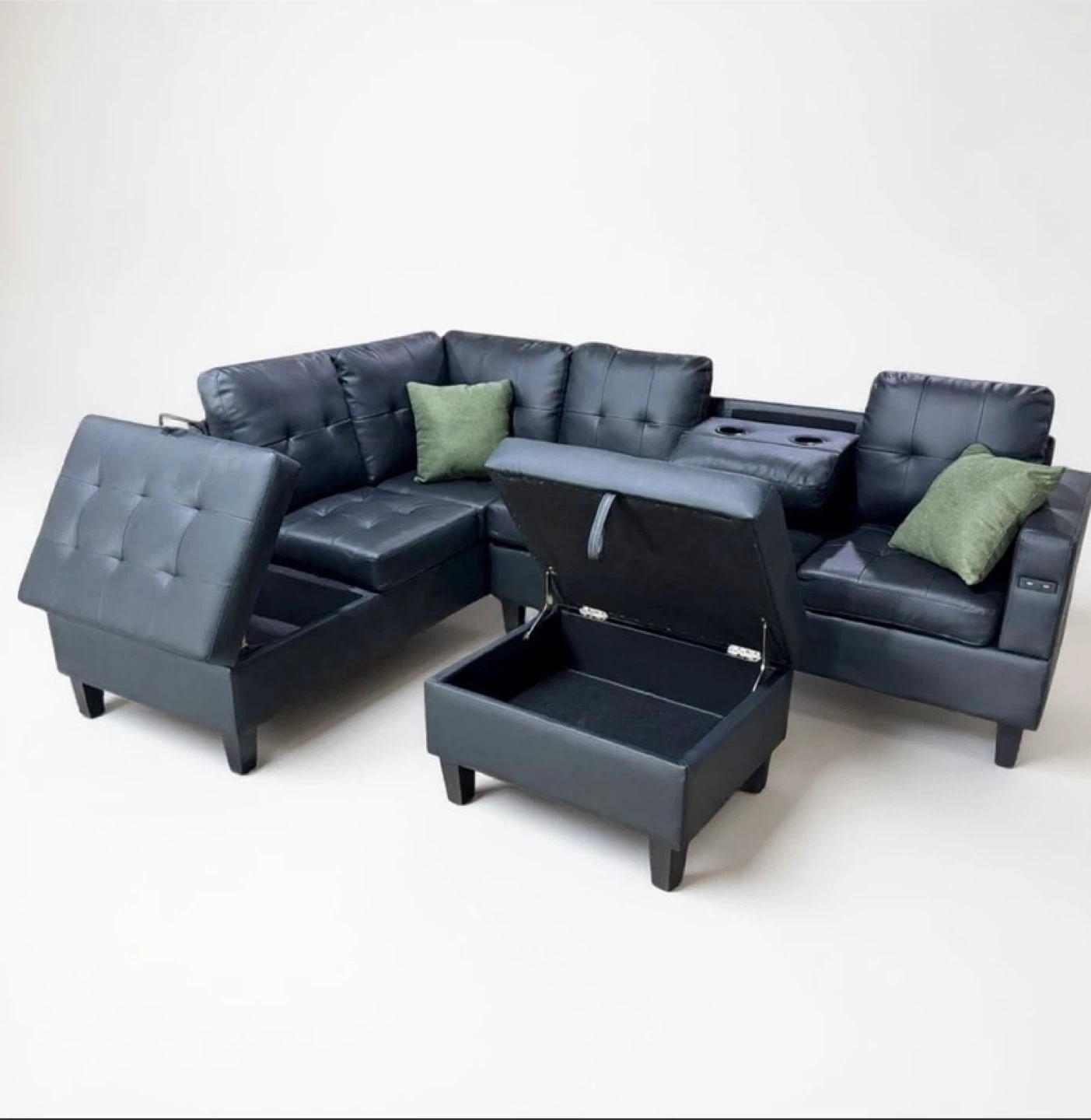 Black Faux Leather Sectional Sofa with Ottoman