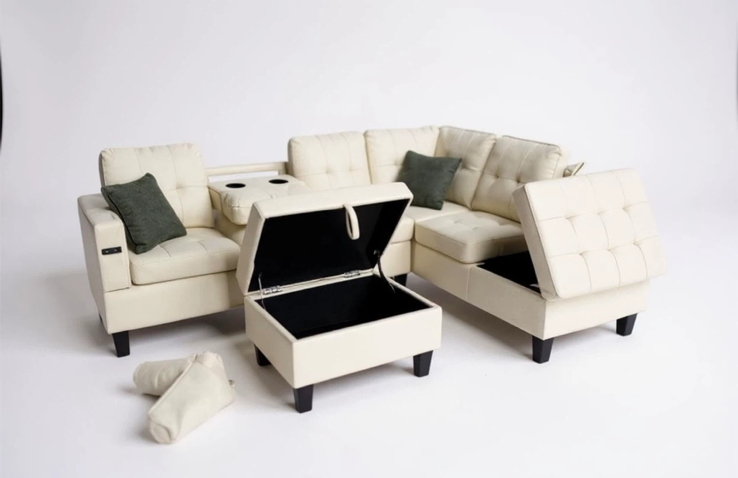 Cream Sectional Sofa with Storage Ottoman & Cup Holders