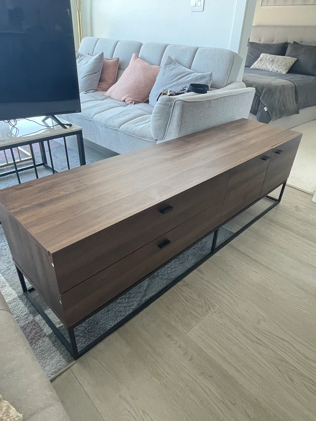 Brown Wood TV Stand with Black Metal Legs