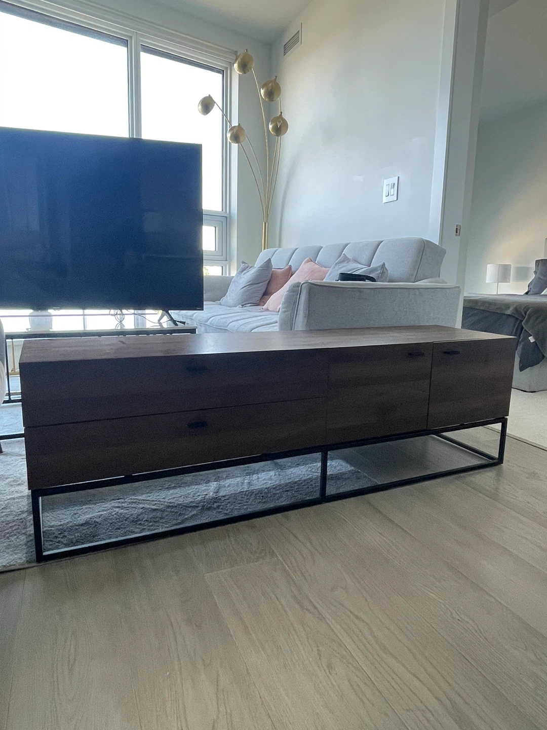 Brown Wood TV Stand with Black Metal Legs - photo 3