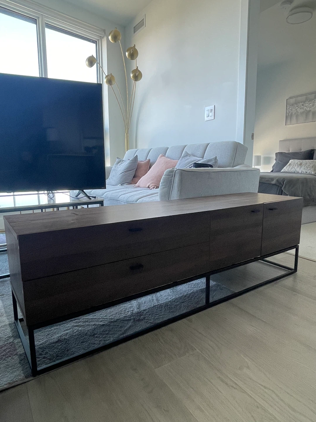 Brown Wood TV Stand with Black Metal Legs - photo 4