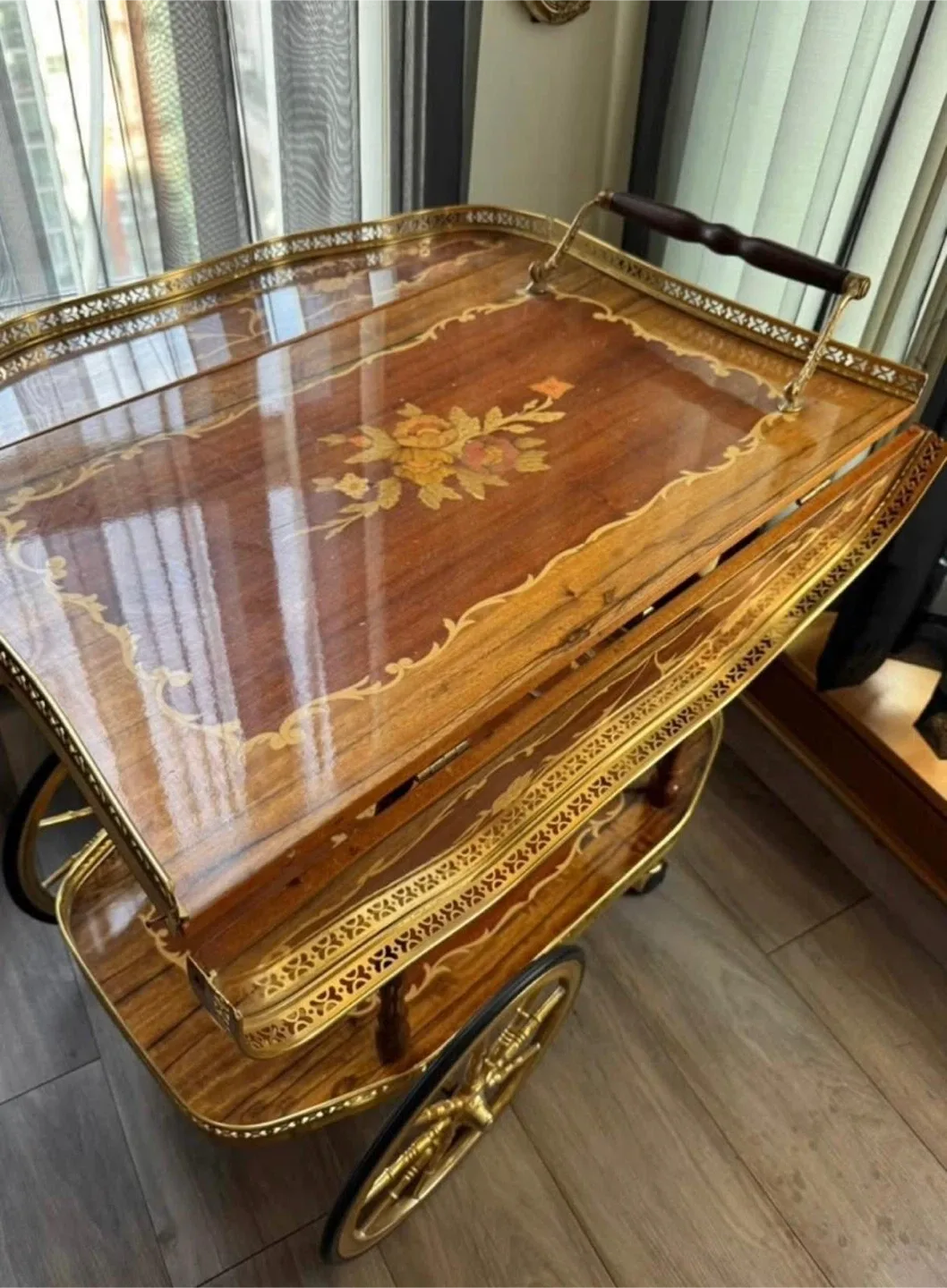 Vintage Wood & Gold Tea Cart image indicator(3)