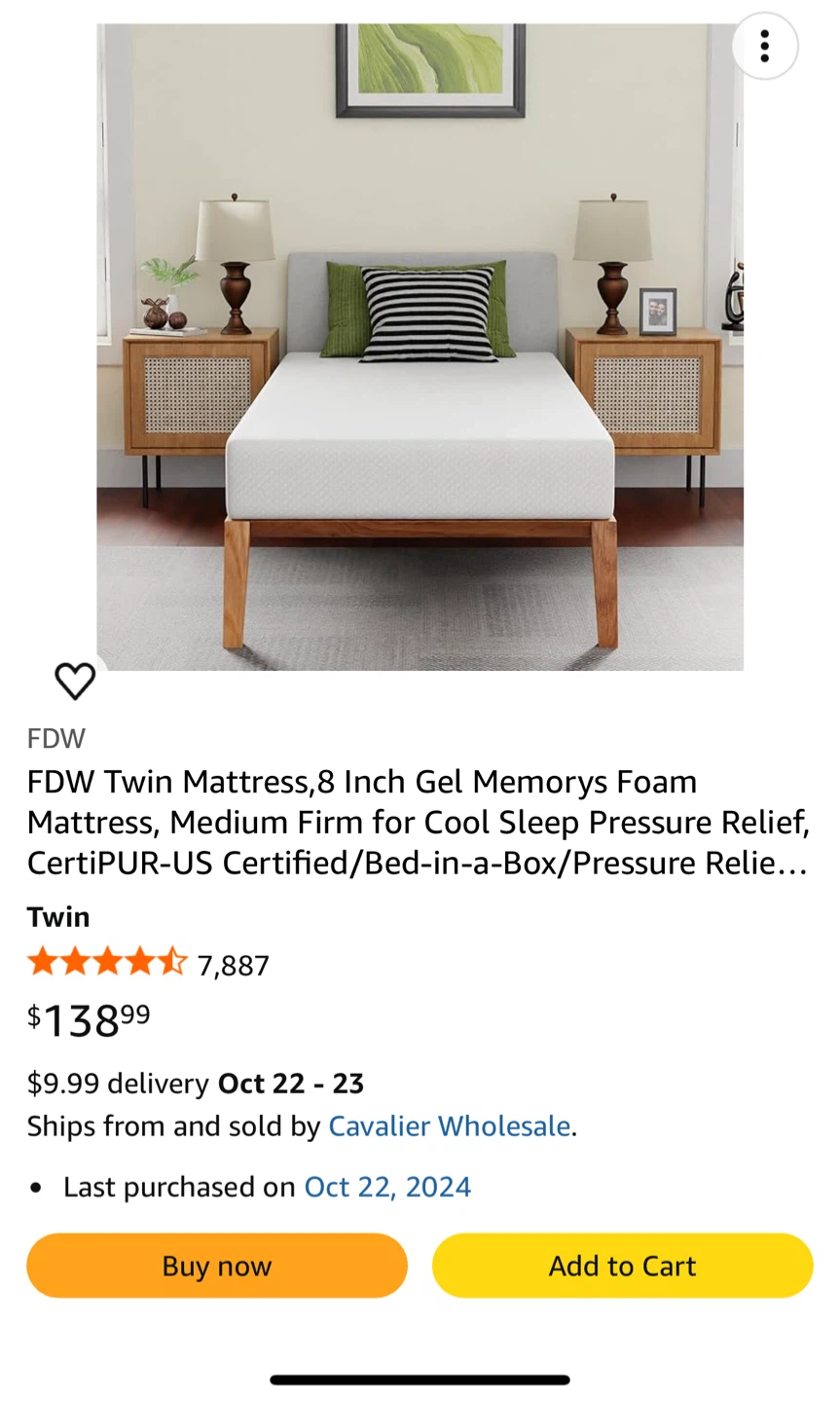 FDW Twin 8-Inch Gel Memory Foam Mattress - New!