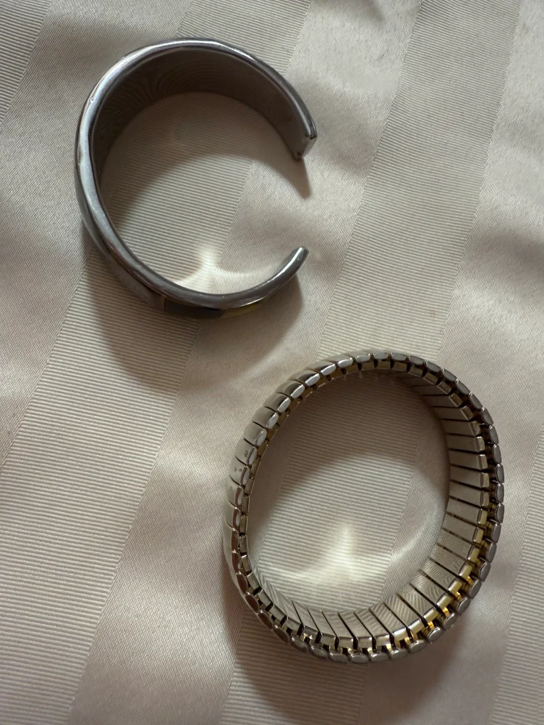 Two Bracelets: Black & White Cuff, Silver Stretch image indicator(3)