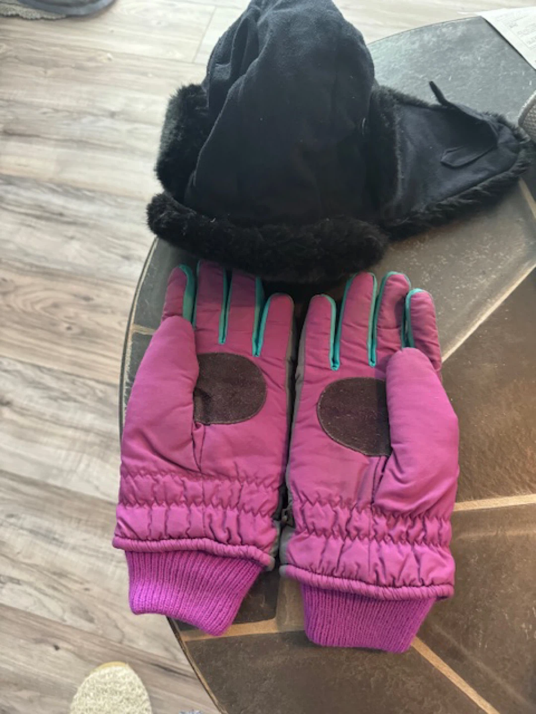 Purple Ski Gloves & Black Trapper Hat