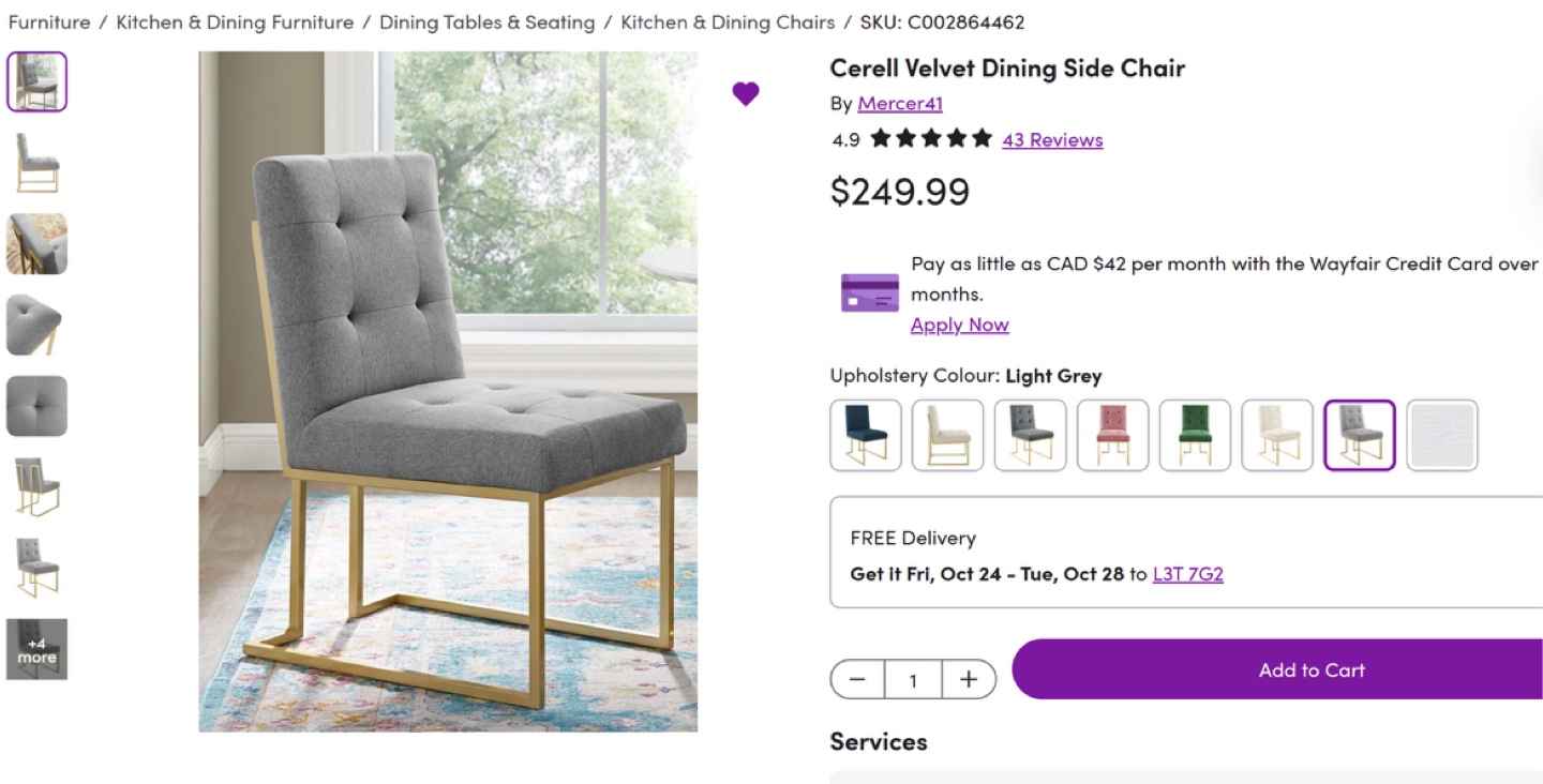 Cerell Velvet Dining Side Chair (Used set of 4) - photo 3