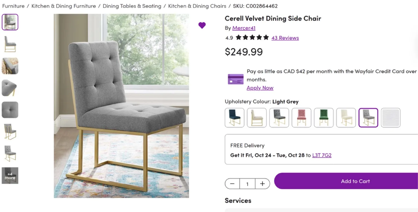 Cerell Velvet Dining Side Chair (Used set of 4) image indicator(3)