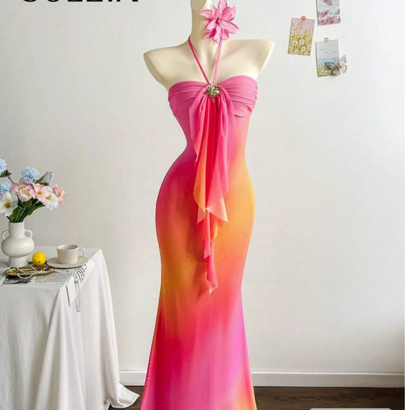 COLLINA STRADA Pink & Orange Ombre Halter Dress thumbnail