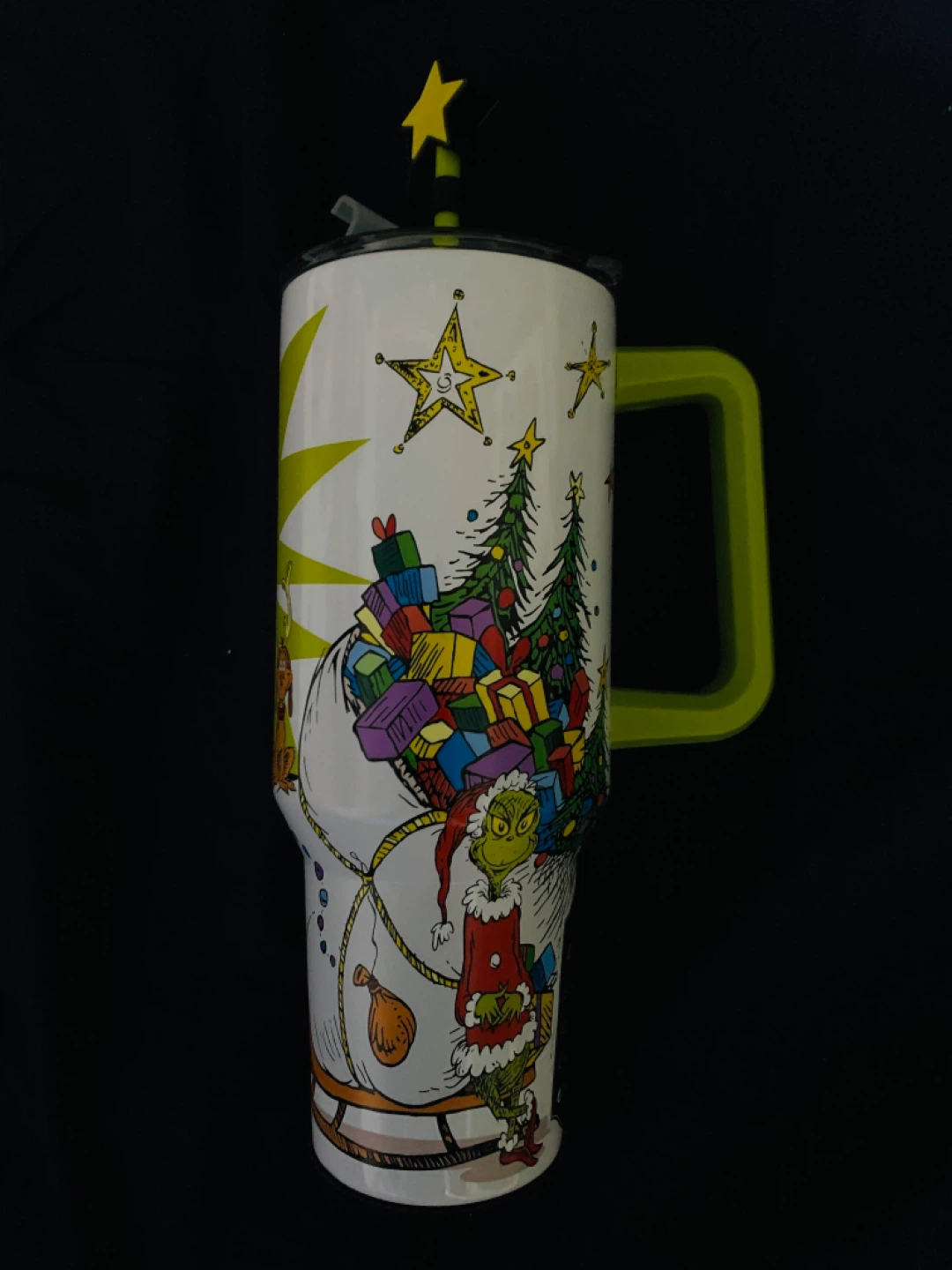 Grinch Stainless Steel Tumbler 40 oz. Handle Straw Topper Lid