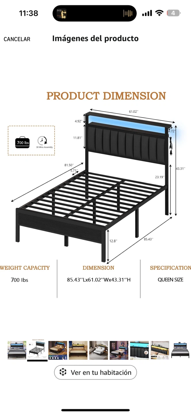 Queen Size Bed Frame with LED Light