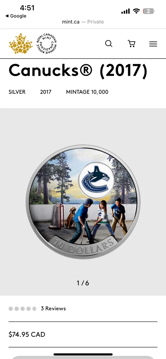 2017 Vancouver Canucks $10 Fine Silver Coin - New! image indicator(3)