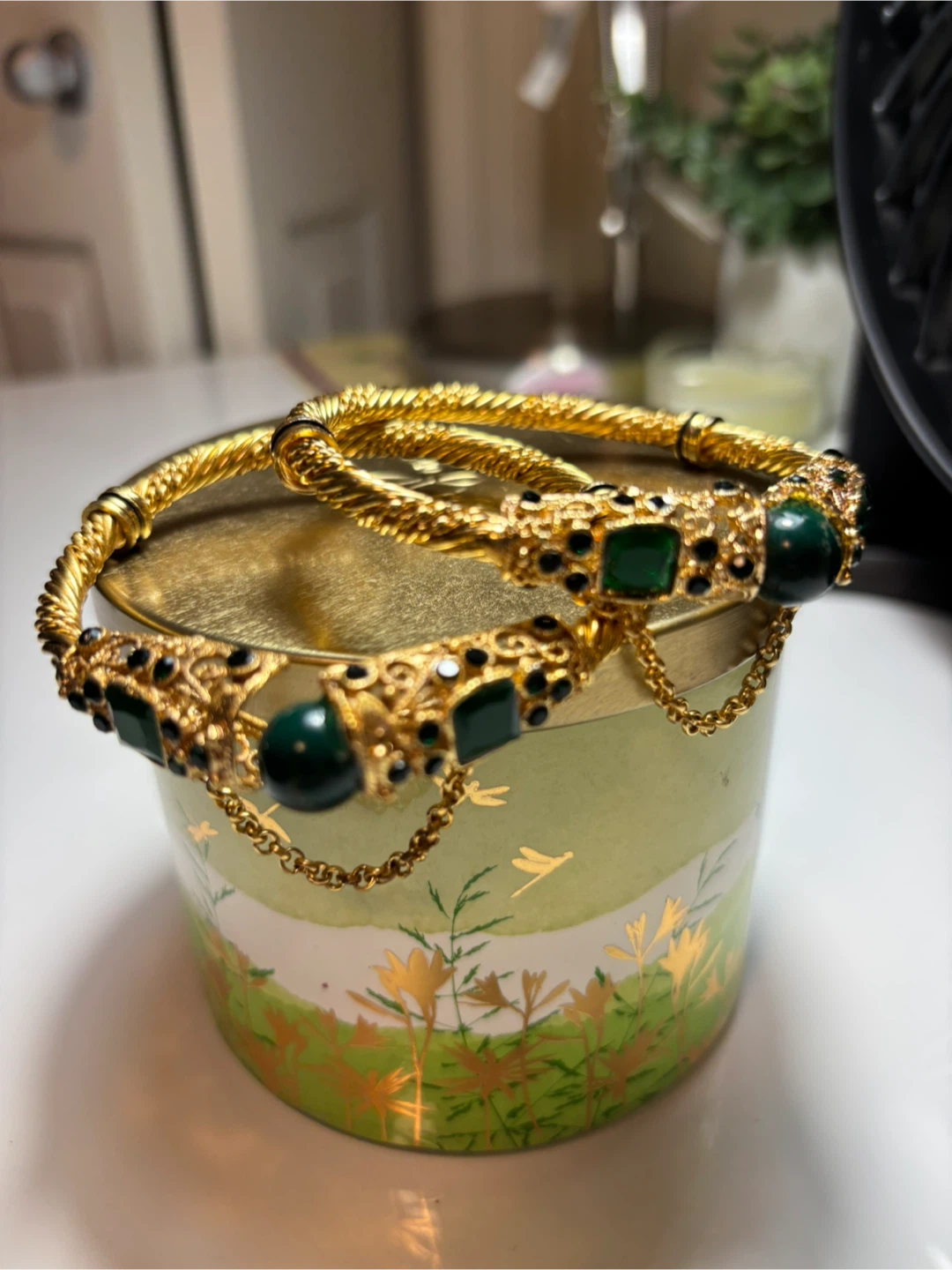 Gold & Green Gemstone Bangles - Set of 2