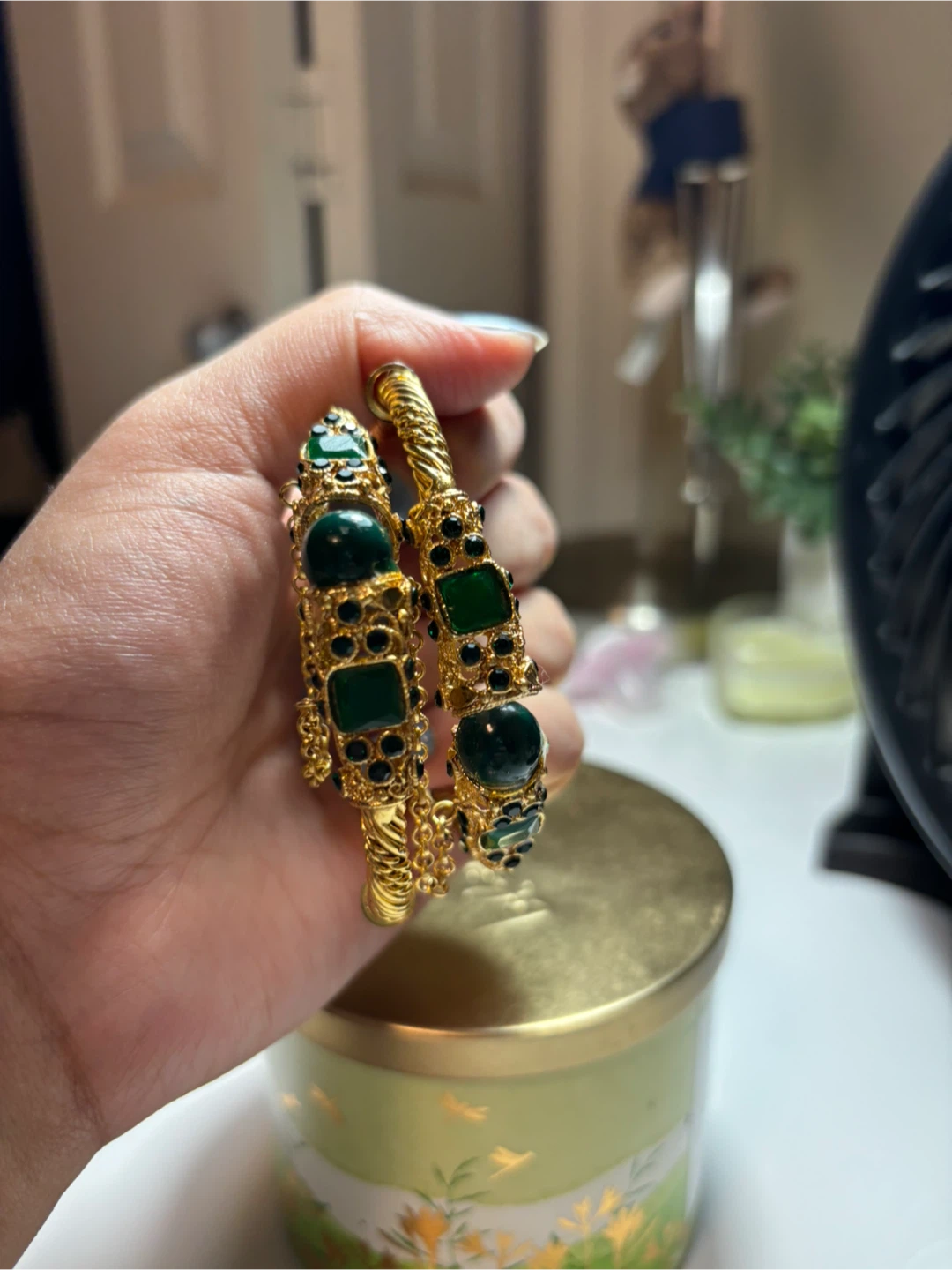 Gold & Green Gemstone Bangles - Set of 2 - photo 2