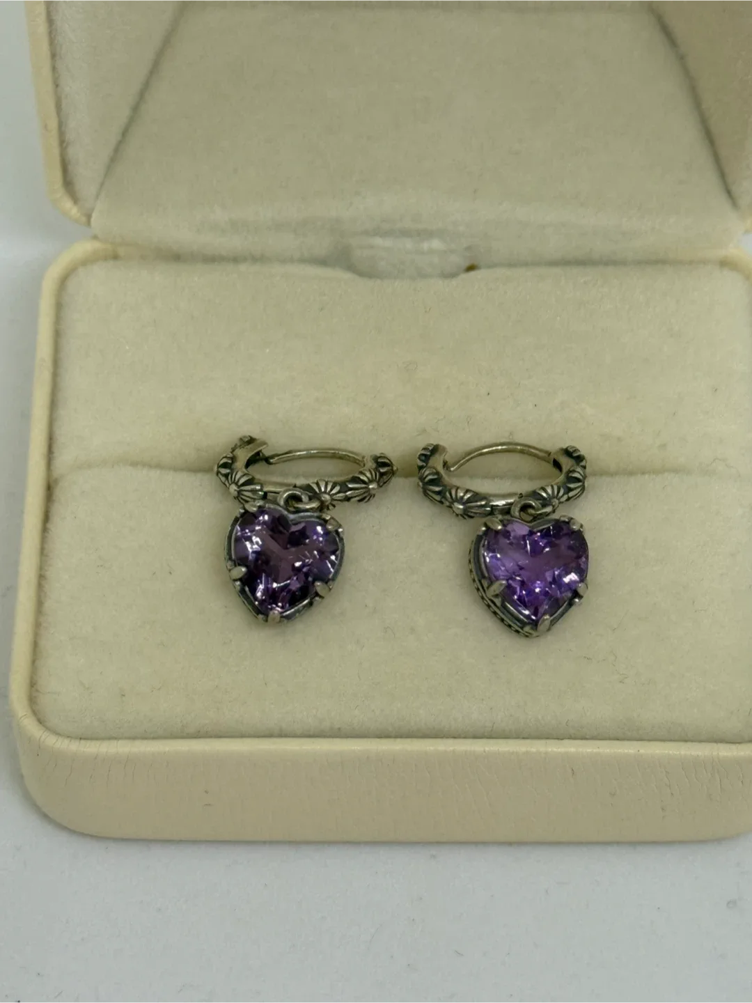 Natural Amethyst Crystal Heart Shaped S925 Silver Earrings thumbnail