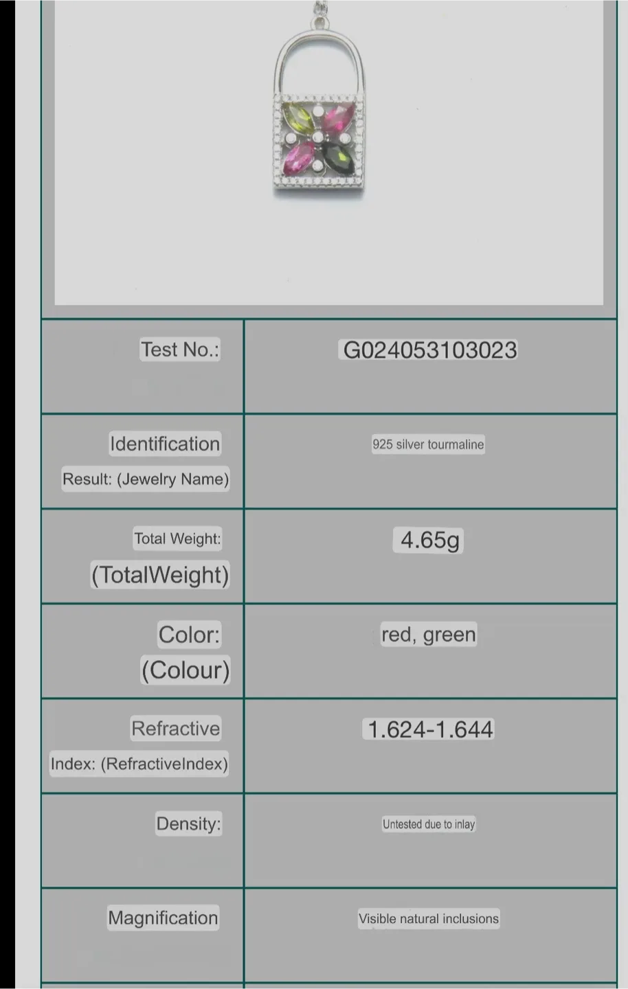Colourful Natural Tourmaline S925 Silver Lock Pendant Necklace image indicator(4)