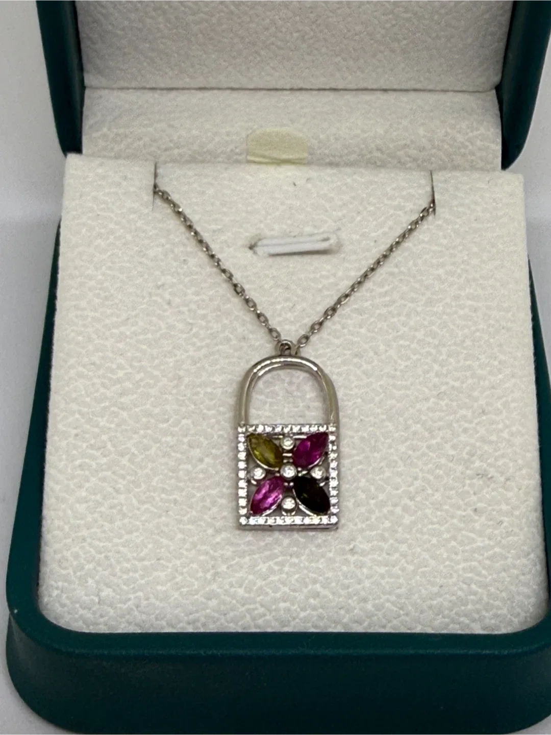 Colourful Natural Tourmaline S925 Silver Lock Pendant Necklace thumbnail