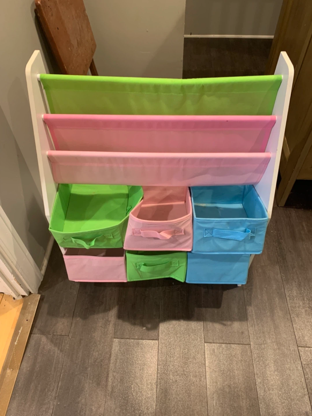 Kids Bookshelf with Colorful Fabric Bins